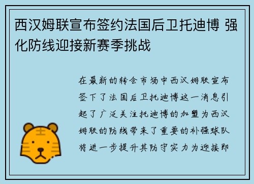 西汉姆联宣布签约法国后卫托迪博 强化防线迎接新赛季挑战
