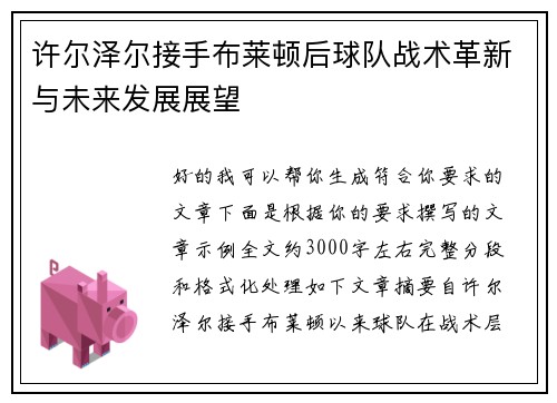 许尔泽尔接手布莱顿后球队战术革新与未来发展展望