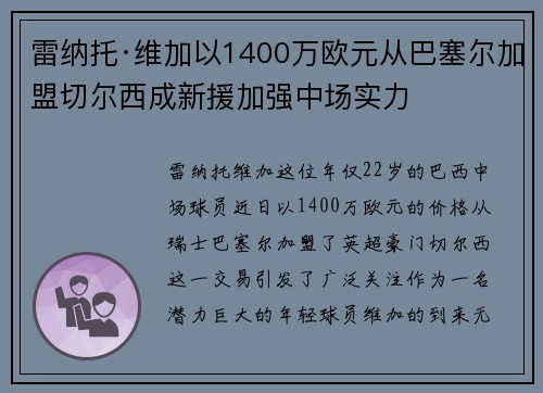 雷纳托·维加以1400万欧元从巴塞尔加盟切尔西成新援加强中场实力