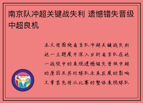 南京队冲超关键战失利 遗憾错失晋级中超良机