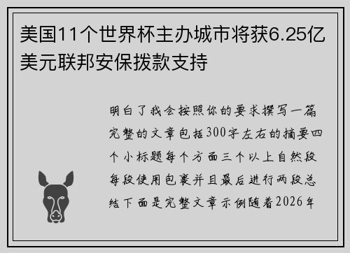 美国11个世界杯主办城市将获6.25亿美元联邦安保拨款支持